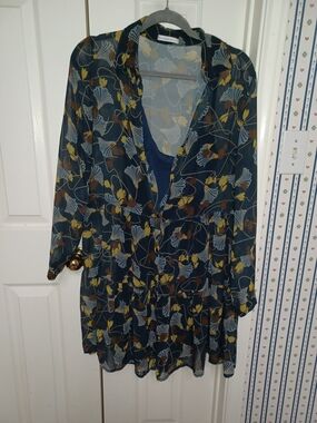Motivi Navy Floral Tiered Long-Sleeve Dress